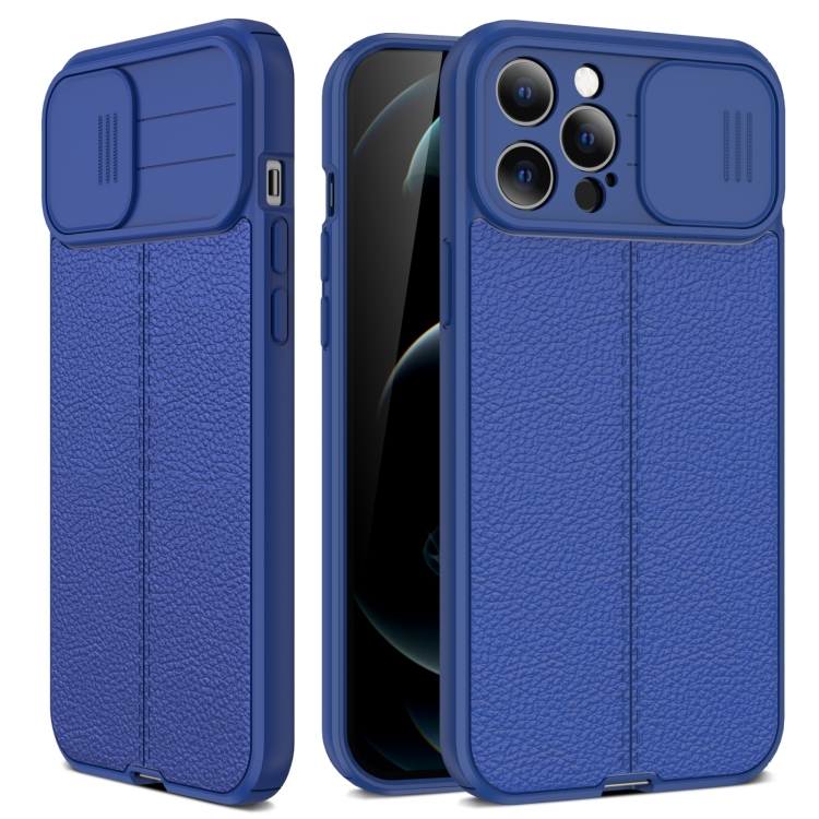 

Litchi Texture Sliding Camshield TPU Protective Phone Case For iPhone 14 Max(Blue)