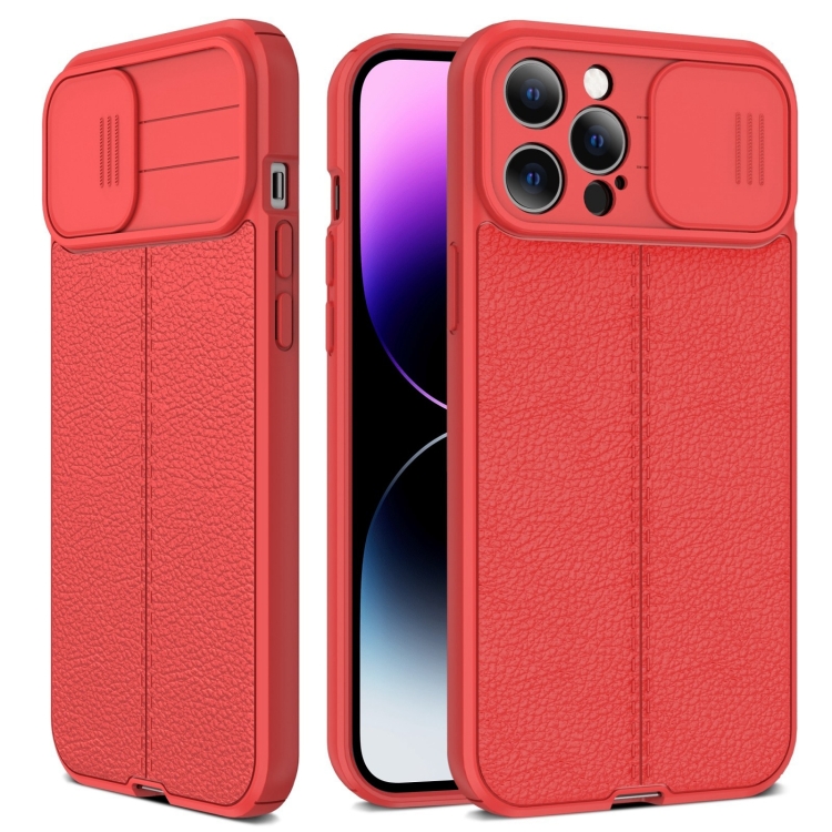 

Litchi Texture Sliding Camshield TPU Protective Phone Case For iPhone 14 Pro Max(Red)
