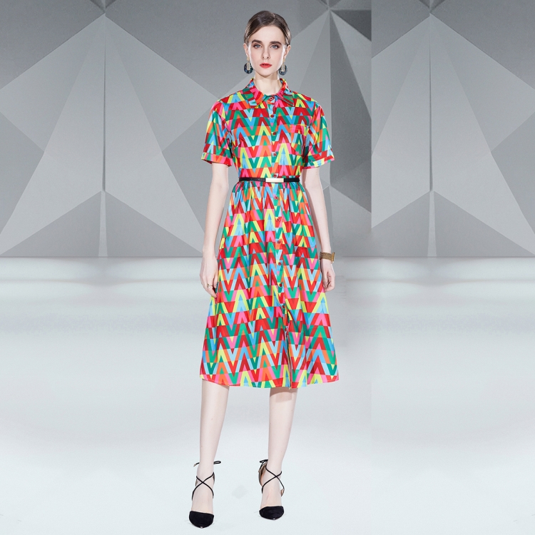 

Short Sleeve Print Midi Dress Fashion Shirt Dress, Size:S(As Show)