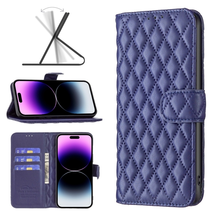 

For iPhone 14 Pro Max Diamond Lattice Wallet Leather Flip Phone Case (Blue)