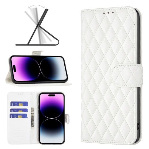 

Diamond Lattice Wallet Leather Flip Phone Case For iPhone 14 Pro Max(White)