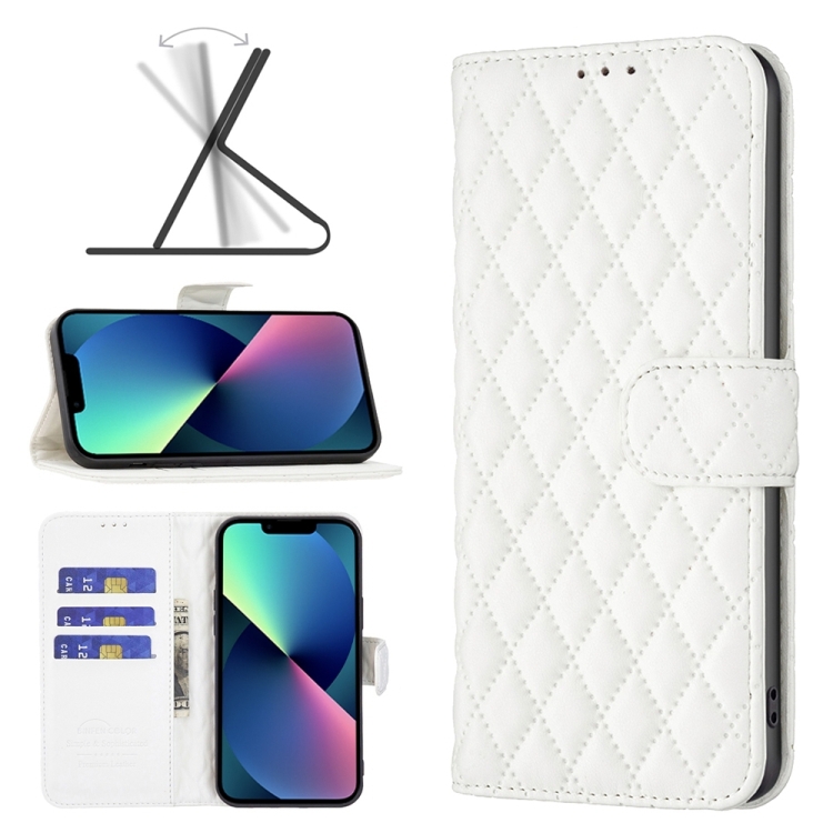 

Diamond Lattice Wallet Leather Flip Phone Case For iPhone 14 Max(White)
