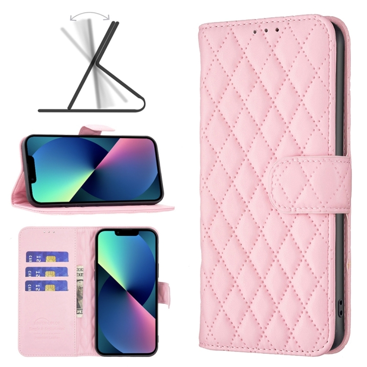 

Diamond Lattice Wallet Leather Flip Phone Case For iPhone 14 Max(Pink)