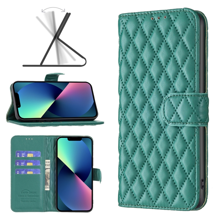 

Diamond Lattice Wallet Leather Flip Phone Case For iPhone 13 mini(Green)