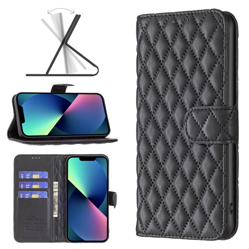 

For iPhone 13 mini Diamond Lattice Wallet Leather Flip Phone Case (Black)
