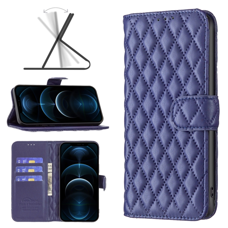 

For iPhone 12 Pro Max Diamond Lattice Wallet Leather Flip Phone Case(Blue)