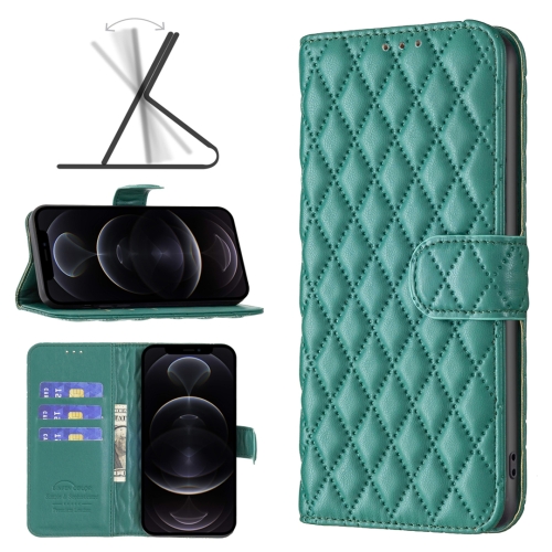

For iPhone 12 / 12 Pro Diamond Lattice Wallet Leather Flip Phone Case(Green)