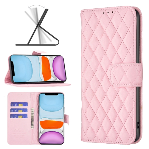 

For iPhone 11 Diamond Lattice Wallet Leather Flip Phone Case (Pink)