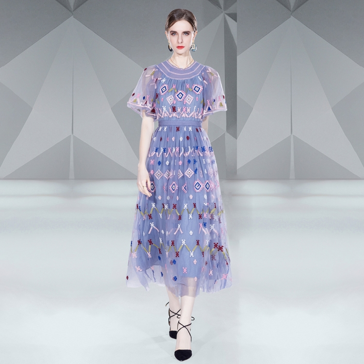 

Heavy Mesh Embroidery Dress Fashion Long Skirt Dress, Size:S(Light Blue)