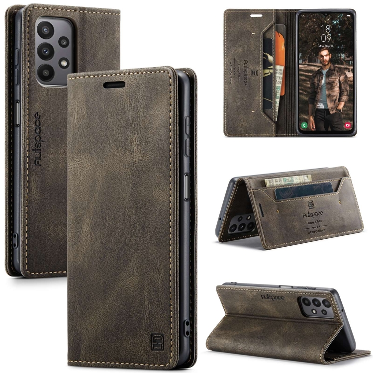 

For Samsung Galaxy A23 AutSpace A01 Retro Skin-feel Crazy Horse RFID Leather Phone Case(Coffee)