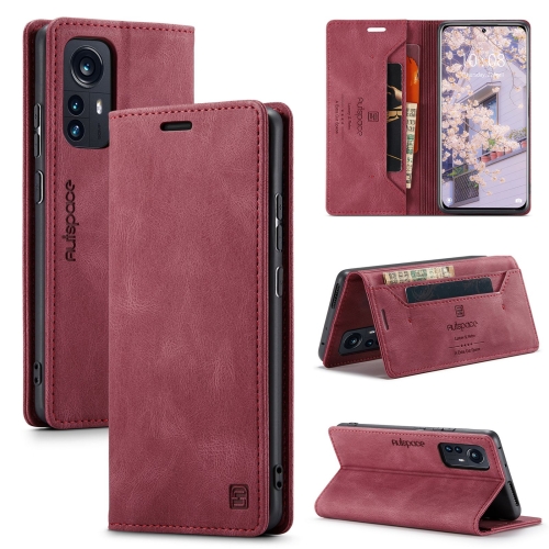 

For Xiaomi 12 Pro AutSpace A01 Retro Skin-feel Crazy Horse RFID Leather Phone Case(Wine Red)