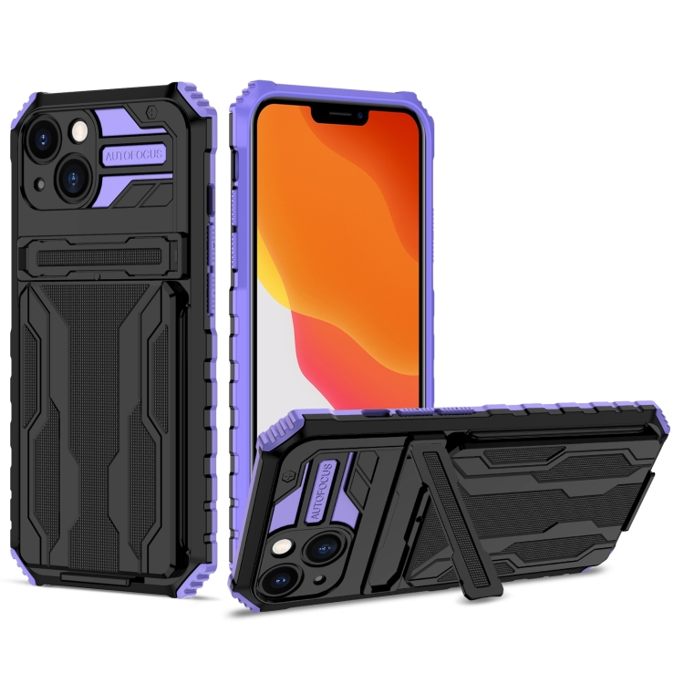 

For iPhone 14 Kickstand Armor Card Wallet Phone Case (Purple)