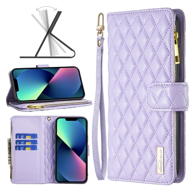 

For iPhone 14 Diamond Lattice Zipper Wallet Leather Flip Phone Case (Purple)