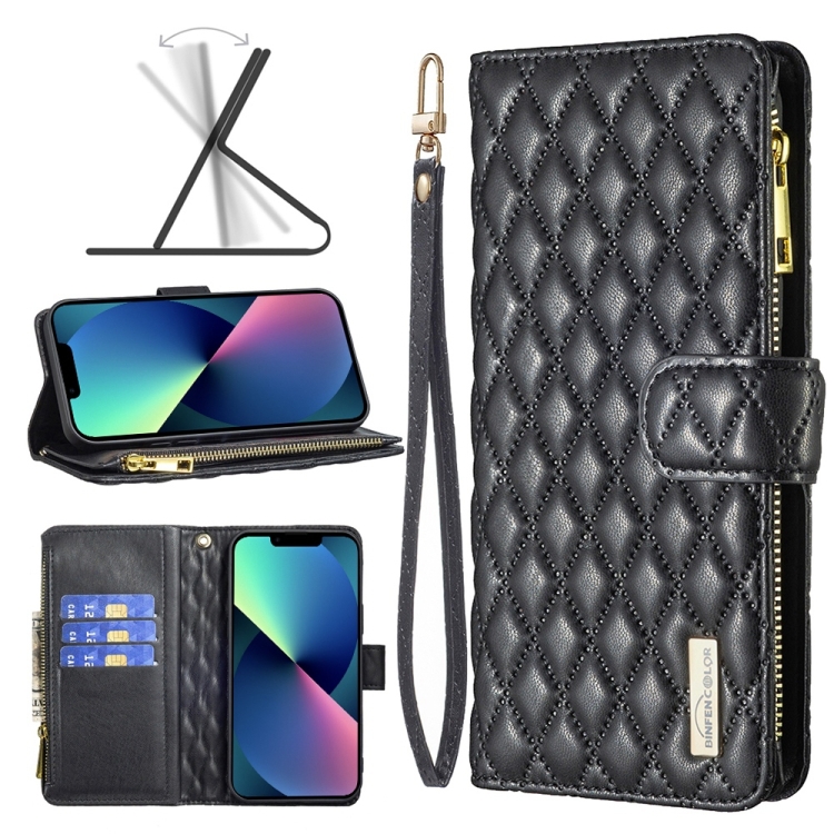 

Diamond Lattice Zipper Wallet Leather Flip Phone Case For iPhone 14(Black)