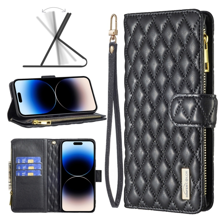 

Diamond Lattice Zipper Wallet Leather Flip Phone Case For iPhone 14 Pro Max(Black)