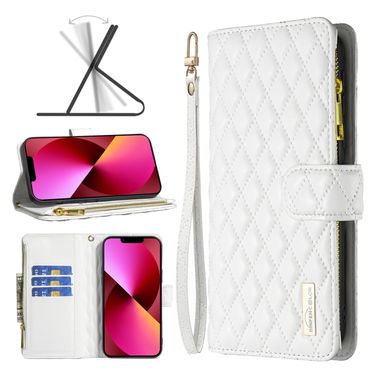 

Diamond Lattice Zipper Wallet Leather Flip Phone Case For iPhone 13(White)