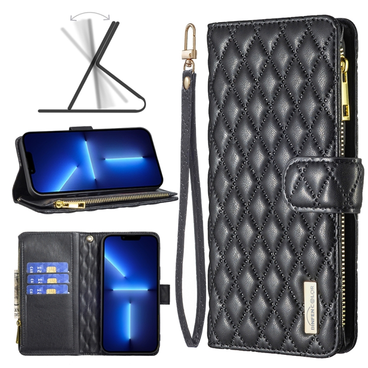 

Diamond Lattice Zipper Wallet Leather Flip Phone Case For iPhone 13 Pro Max(Black)