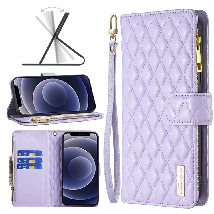 

Diamond Lattice Zipper Wallet Leather Flip Phone Case For iPhone 12 mini(Purple)