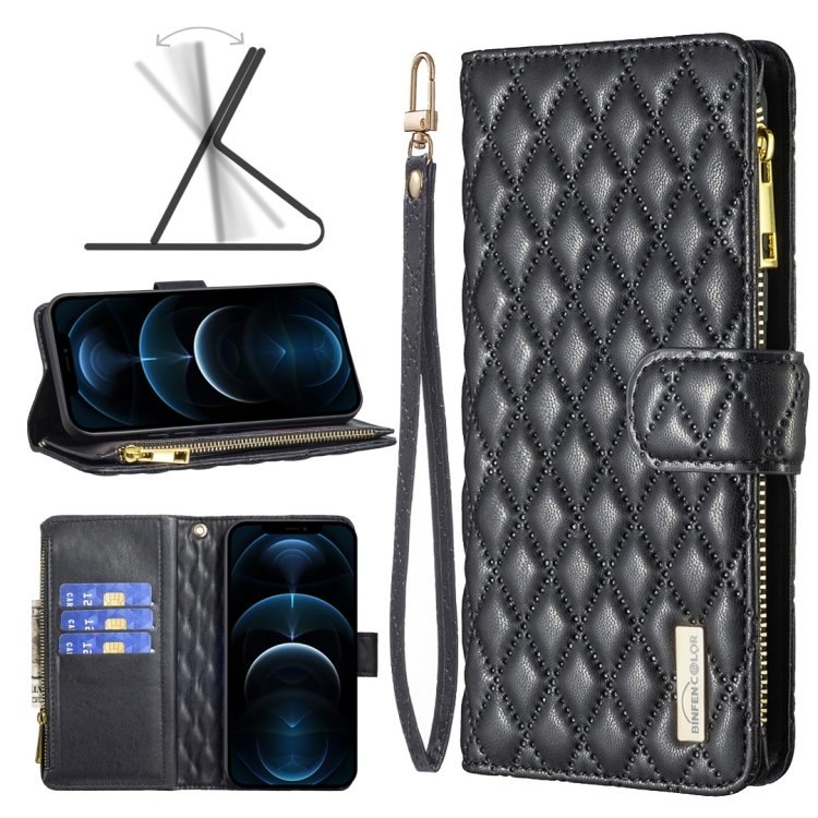 

Diamond Lattice Zipper Wallet Leather Flip Phone Case For iPhone 12 Pro Max(Black)