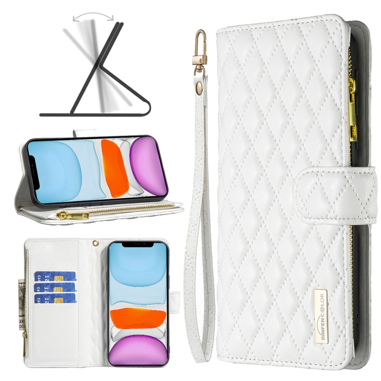 

For iPhone 11 Diamond Lattice Zipper Wallet Leather Flip Phone Case (White)