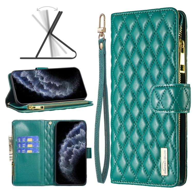 

Diamond Lattice Zipper Wallet Leather Flip Phone Case For iPhone 11 Pro(Green)