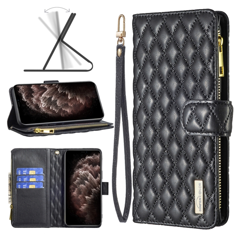 

For iPhone 11 Pro Max Diamond Lattice Zipper Wallet Leather Flip Phone Case (Black)