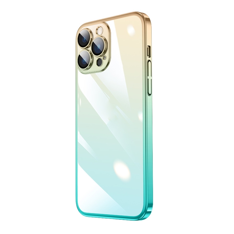 

Transparent Electroplated PC Gradient Phone Case For iPhone 13 Pro Max(Cyan-blue Gold)