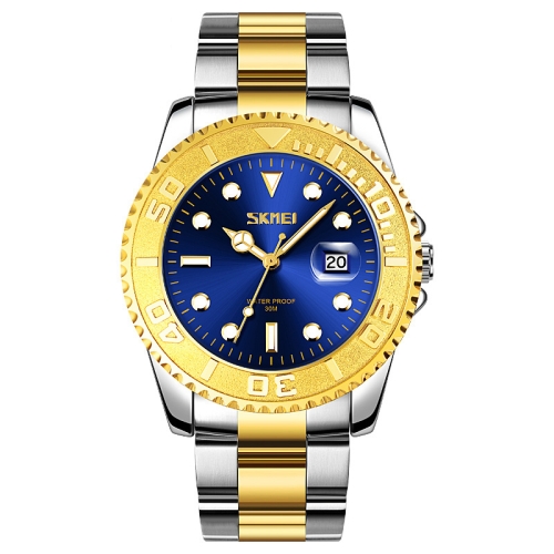 SKMEI 9295 Stainless Steel Buckle Strap Waterproof Quartz Watch, Strap:Gold(Blue)