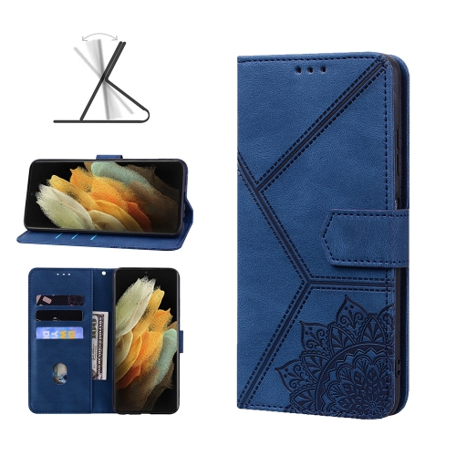 

For Samsung Galaxy S21 Ultra 5G Geometric Mandala Embossed Leather Phone Case(Blue)