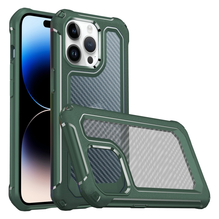 

Shockproof PC + Carbon Fiber Texture TPU Armor Phone Case For iPhone 14 Pro Max(Green)