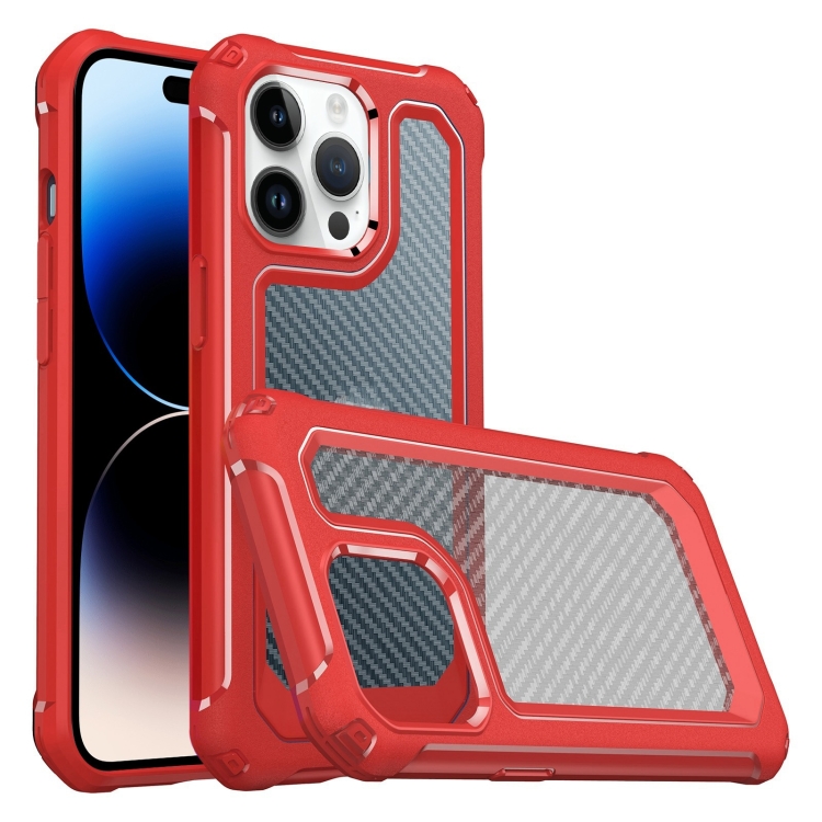

Shockproof PC + Carbon Fiber Texture TPU Armor Phone Case For iPhone 14 Pro(Red)