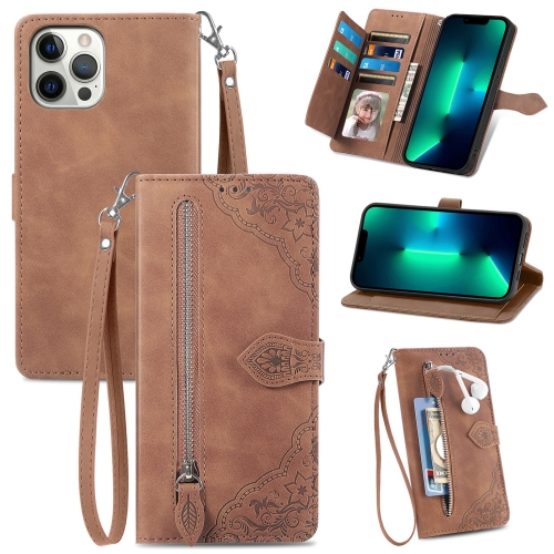 

For iPhone 11 Embossed Flower Shockproof Leather Phone Case (Brown)