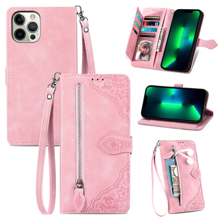 

Embossed Flower Shockproof Leather Phone Case For iPhone 12 Pro(Pink)