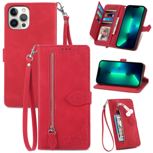 

Embossed Flower Shockproof Leather Phone Case For iPhone 13 Pro(Red)