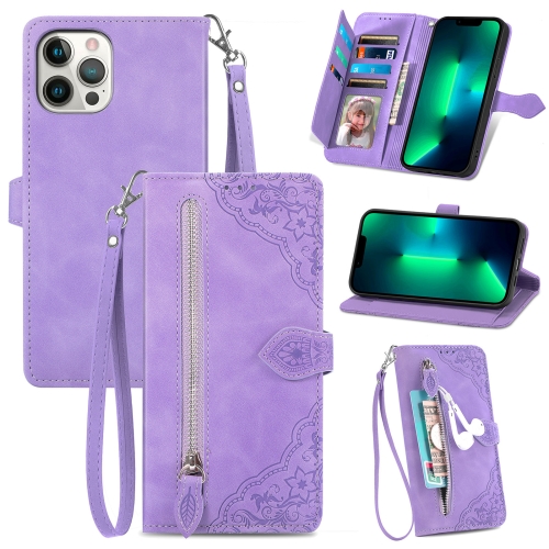 

For iPhone 13 Pro Embossed Flower Shockproof Leather Phone Case (Purple)