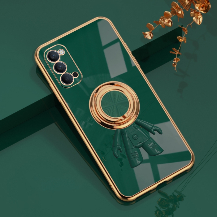 

For OPPO Reno4 6D Plating Astronaut Ring Kickstand Phone Case(Night Green)