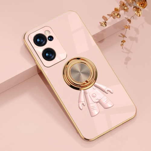 

For OPPO Reno7 6D Plating Astronaut Ring Kickstand Phone Case(Light Pink)