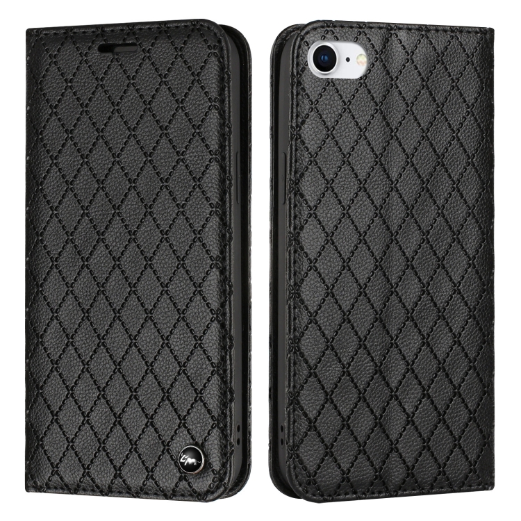 

S11 RFID Diamond Lattice Flip Leather Phone Case For iPhone SE 2022 / SE 2020 / 8 / 7(Black)