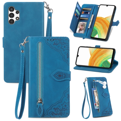 

For Samsung Galaxy A13 4G Embossed Flower Shockproof Leather Phone Case(Blue)