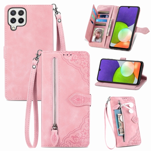 

For Samsung Galaxy A22 4G Embossed Flower Shockproof Leather Phone Case(Pink)