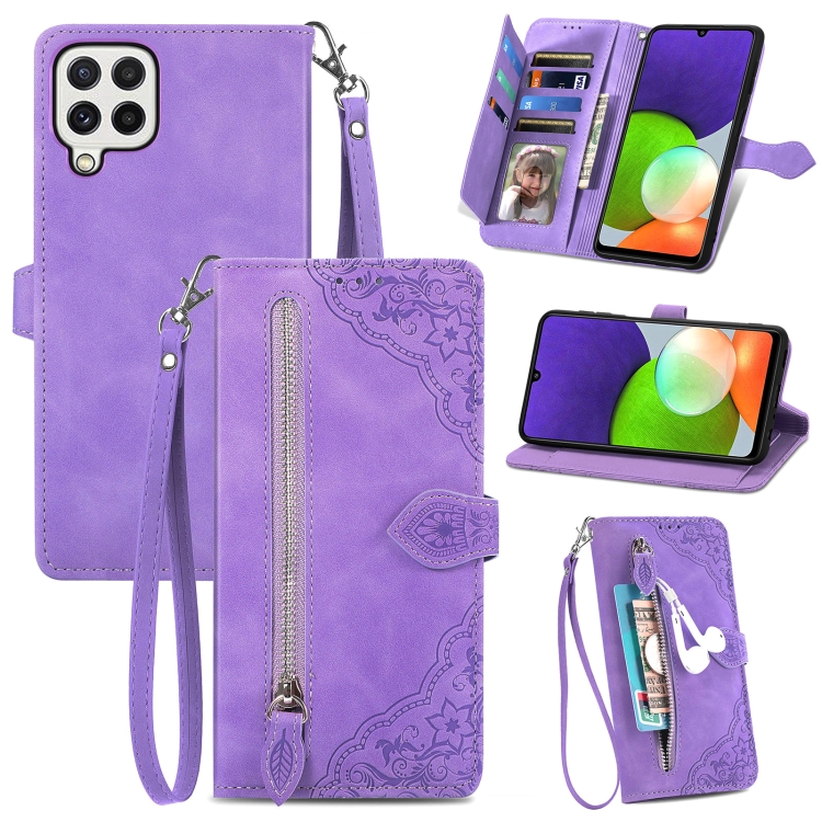 

For Samsung Galaxy A22 4G Embossed Flower Shockproof Leather Phone Case(Purple)