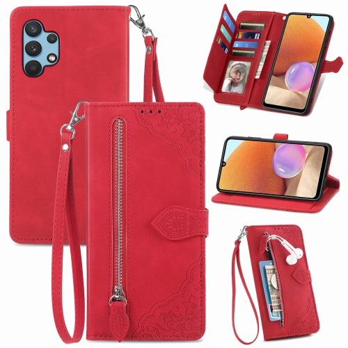 

For Samsung Galaxy A32 4G Embossed Flower Shockproof Leather Phone Case(Red)