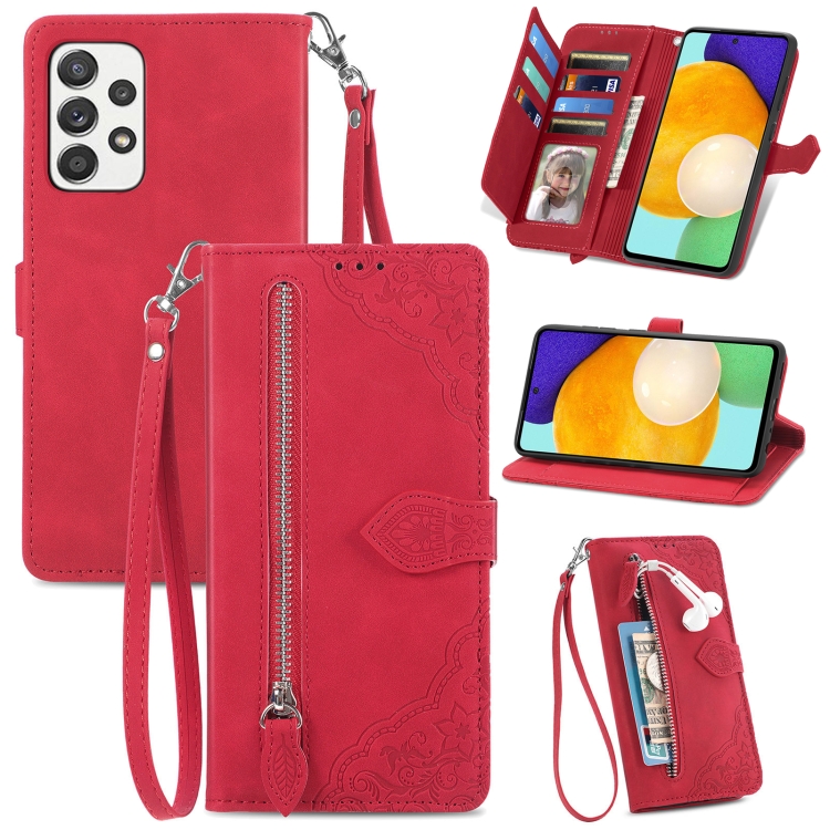 

For Samsung Galaxy A52 5G Embossed Flower Shockproof Leather Phone Case(Red)