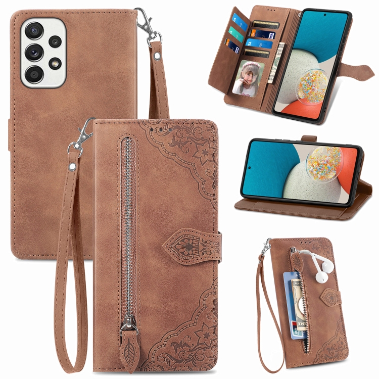 

For Samsung Galaxy A53 5G Embossed Flower Shockproof Leather Phone Case(Brown)