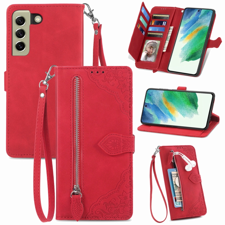 

For Samsung Galaxy S21 FE 5G Embossed Flower Shockproof Leather Phone Case(Red)