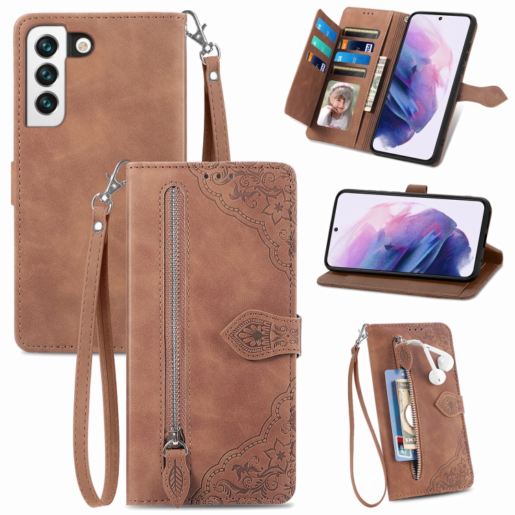

For Samsung Galaxy S22+ 5G Embossed Flower Shockproof Leather Phone Case(Brown)