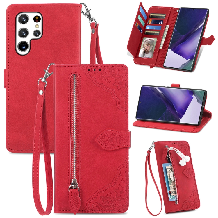 

For Samsung Galaxy S22 Ultra 5G Embossed Flower Shockproof Leather Phone Case(Red)