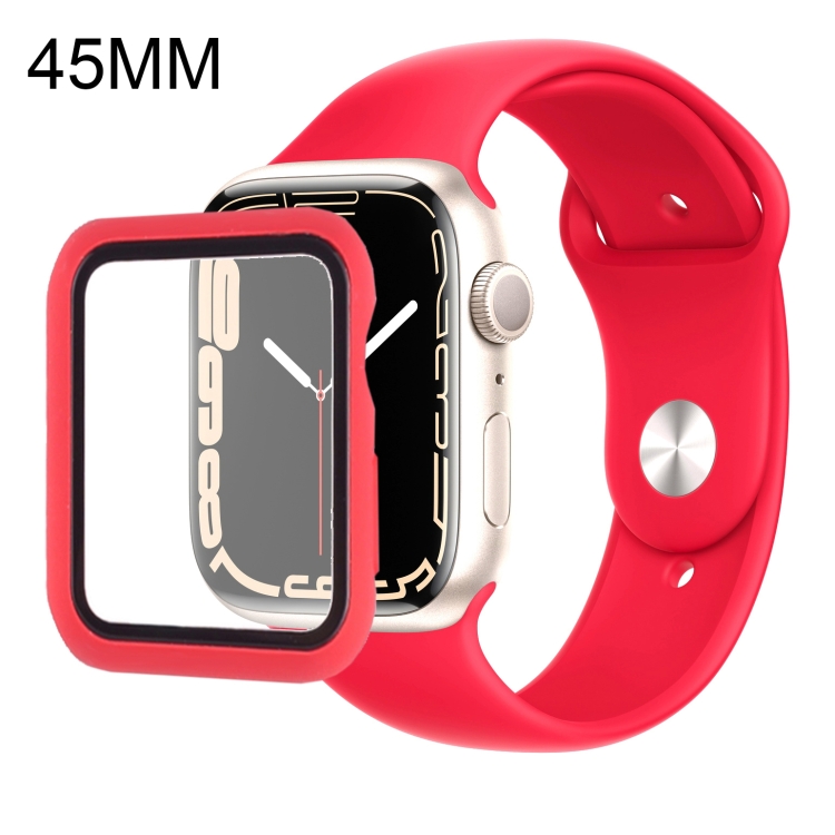 

For Apple Watch Series 7 45mm Silicone Watch Band Case with Screen Film Set(Red)