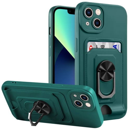 

For iPhone 14 Ring Kickstand Card Wallet TPU Phone Case (Night Green)
