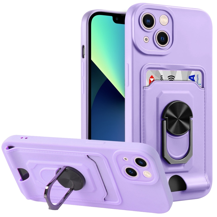 

For iPhone 14 Ring Kickstand Card Wallet TPU Phone Case (Purple)